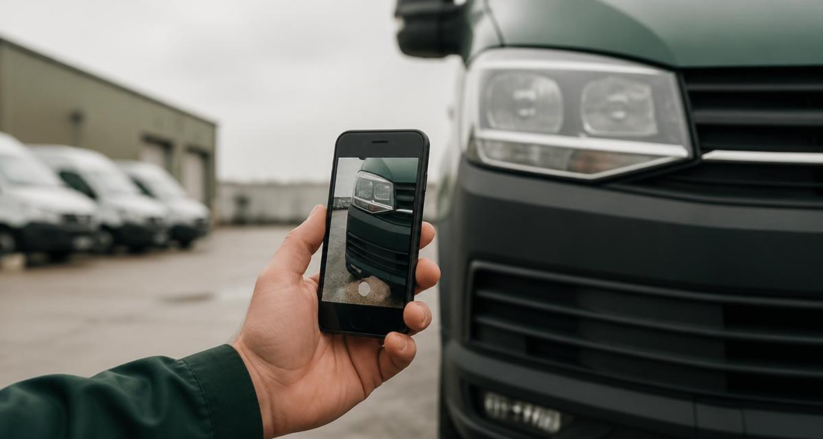 Convoyeur photographiant l'avant d'un véhicule avec son smartphone avant le départ